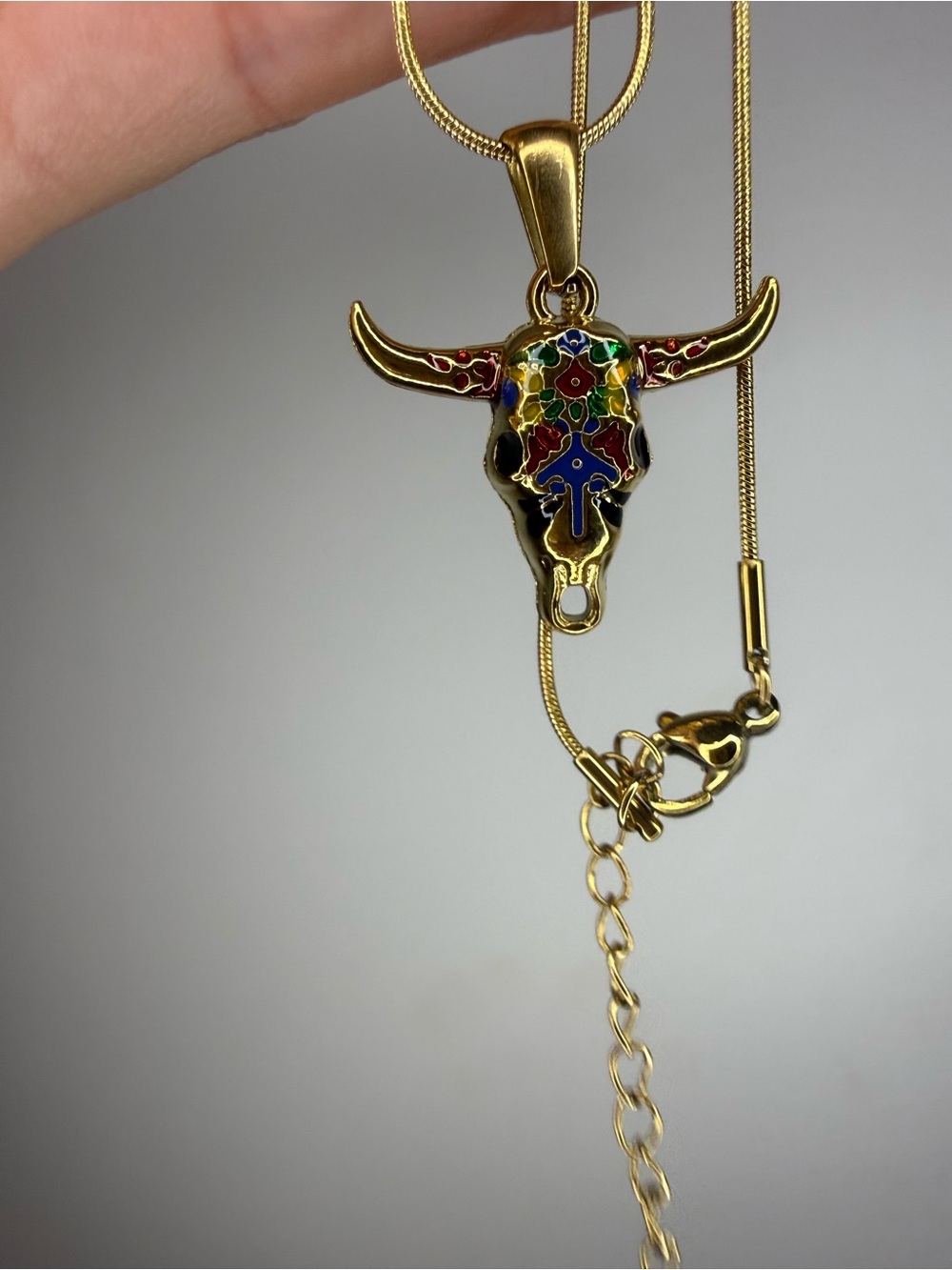 Gold Multicolor Bull Skull Pendant Necklace - Women Jewelry - Picture 8 of 8